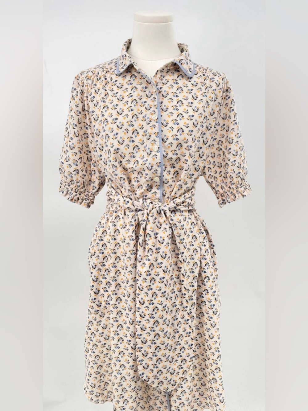 THE GREAT. Cream Mini Shirt Dress with Blue and Yellow Floral Motif